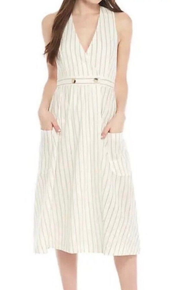 Free People Diana Wrap Midi Dress Cream/Black Pinstripe Sz Medium